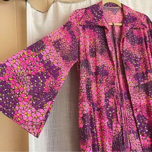 Vintage Bell Sleeve Long Drape Button Kaftan Dress Coverlet